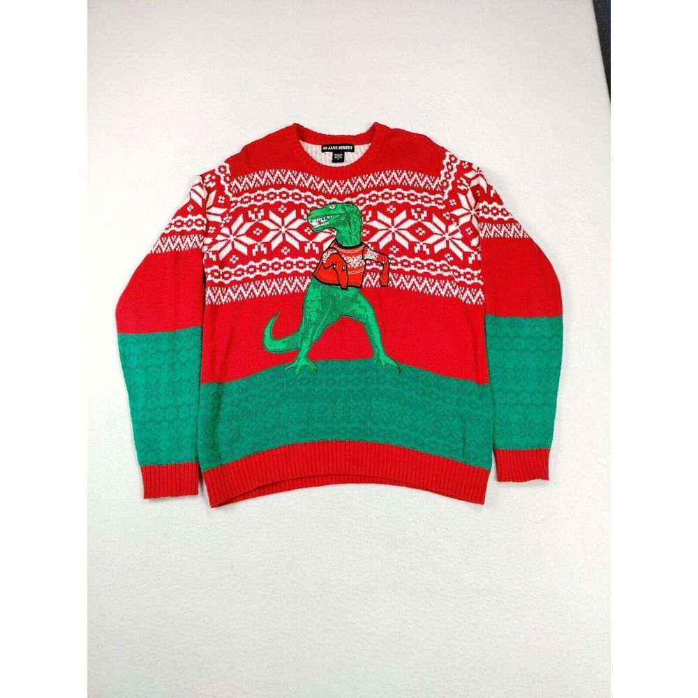 99 Jane Street Ugly Christmas Sweater Unisex Medium Red White‎ Green Dinosaur